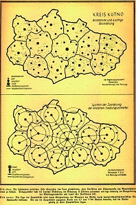 Die Karte aus dem Jahr 1941 zeigt die deutsche Musterplanung f&uuml;r die Raumordnung des Kreises Kutno im besetzten Westpolen („Warthegau“), orientiert an Walter Christallers „Theorie der zentralen Orte“.