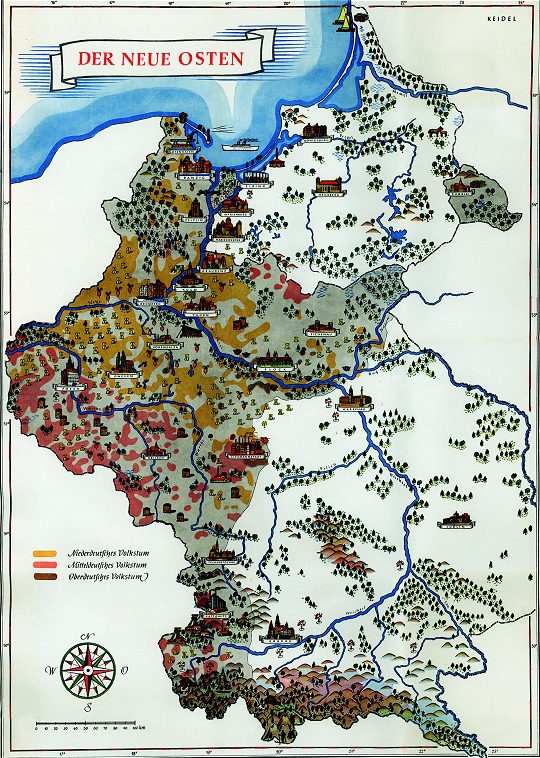 propagierte Konrad Mexer in seinem Buch "Landvolk im Werden" die Besiedlung des "neuen "Ostens". Was hier auf der bunten Karte  eher kitschig-idyllisch wirkte, bedeutete in der Realit&auml;t Vertreibung und Massenmord.