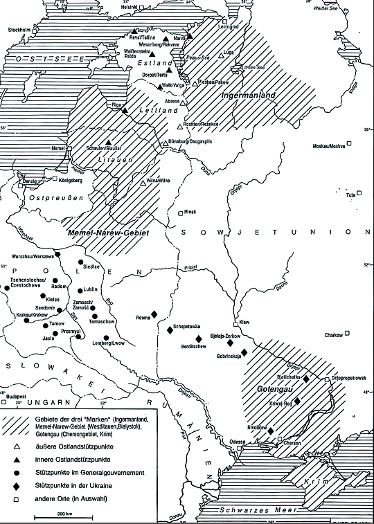 propagierte Konrad Mexer in seinem Buch "Landvolk im Werden" die Besiedlung des "neuen "Ostens". Was hier auf der bunten Karte  eher kitschig-idyllisch wirkte, bedeutete in der Realit&auml;t Vertreibung und Massenmord.