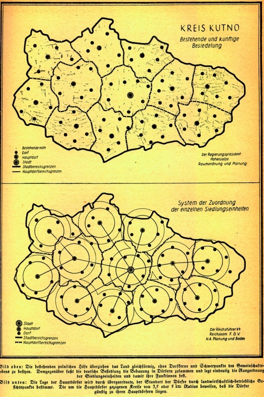Die Karte aus dem Jahr 1941 zeigt die deutsche Musterplanung f&uuml;r die Raumordnung des Kreises Kutno im besetzten Westpolen (Warthegau“), orientiert an Walter Christallers Theorie der zentralen Orte“.