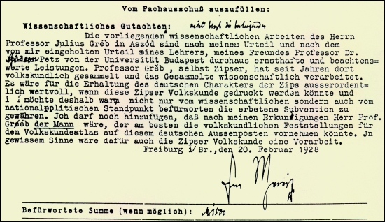 Die Notgemeinschaft / DFG entschied auf der Grundlage von Gutachten &uuml;ber die F&ouml;rderung von Projekten. Das abgebildete Gutachten argumentierte mit der „nationalpolitischen“ Bedeutung volkskundlicher Ostforschung.